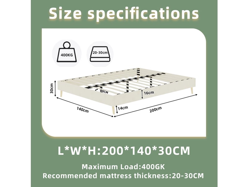  Cadre de lit 140x200 cm en velours hollandais beige sans tête de lit  - Conforama C