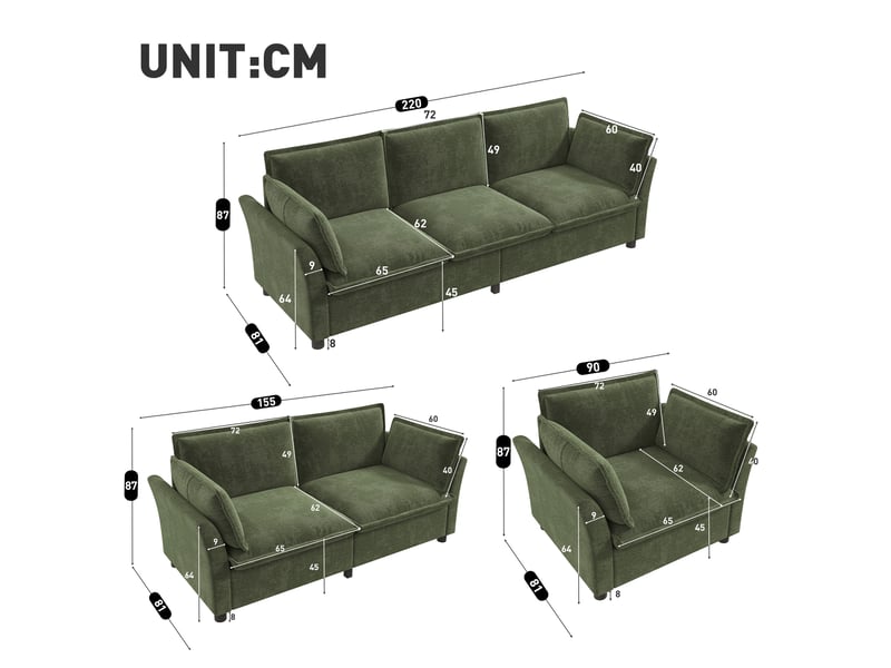  Ensemble canapé modulable 6 places en tissu chenille vert, 6-7 personnes, 220×87×81 cm  - Conforama C