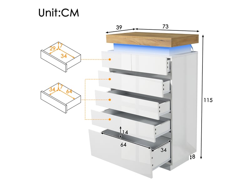 Commode 6 tiroirs 73x39x115 cm avec éclairage led, meuble de rangement finition brillante en mdf et panneaux de particules - blanc - Conforama C