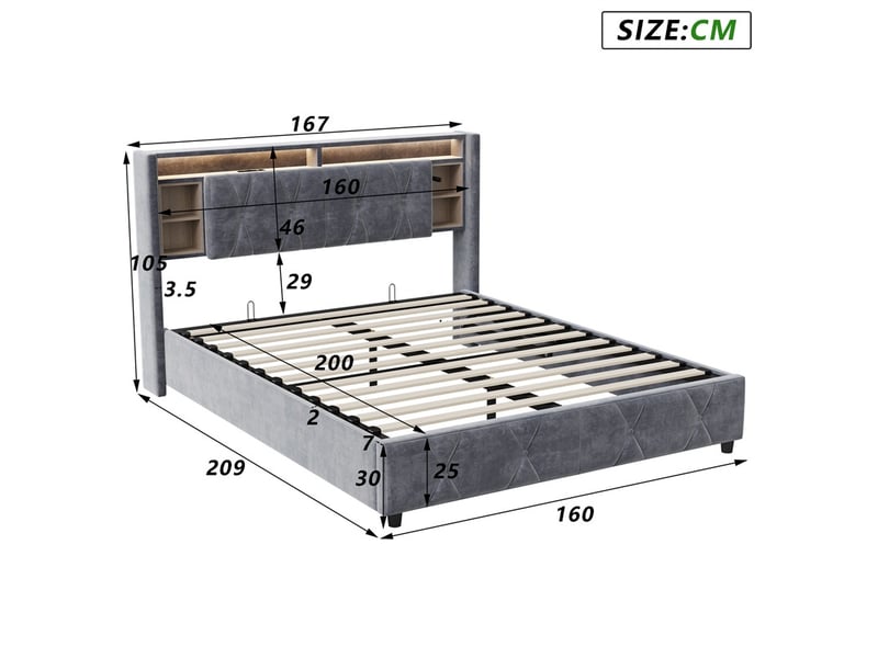  Lit 160x200 cm - lit coffre 160x200 cm - sommier relevable led usb prise rangement tête de lit - velours gris foncé  - Conforama E