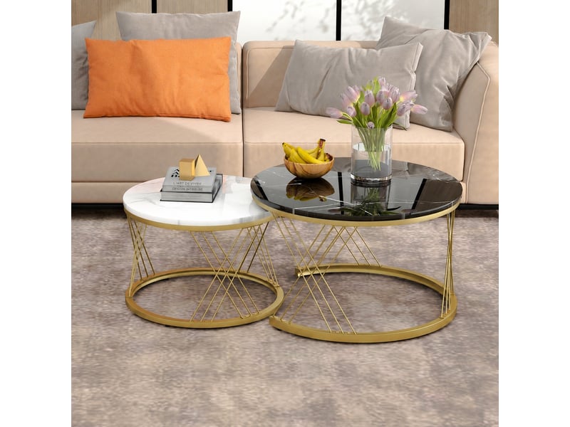 Lot de 2 tables basses rondes gigognes, effet marbre mdf, structure métal doré, noir et blanc - Conforama D