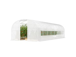 Serre tunnel de jardin 24m², serre de jardin tunnel avec cadre en acier galvanisé, portes et 2 grandes fenêtres, blanc