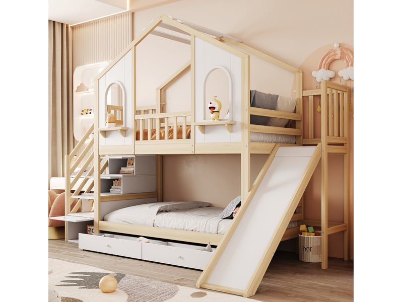  Lit superposé enfant 90x200 cm avec toboggan et rangements bois blanc et bois naturel sans matelas  - Conforama E