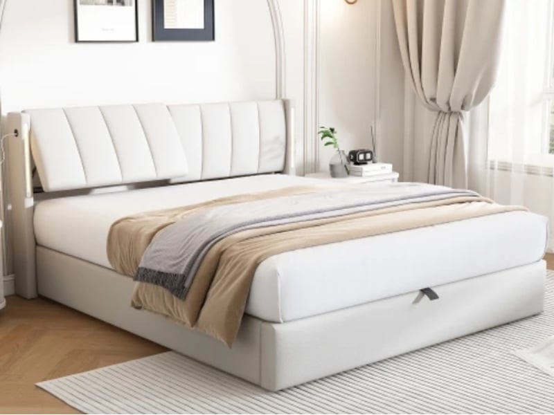  Lit coffre rembourré, rangement hydraulique, led, usb, tête réglable et sommier à lattes, simili pu, 140x190 cm, blanc  - Conforama B