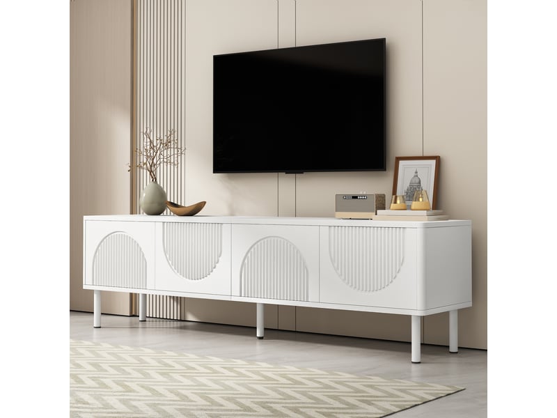  Meuble tv bas moderne 180 cm, surface mate, gestion des câbles, design minimaliste, blanc  - Conforama B