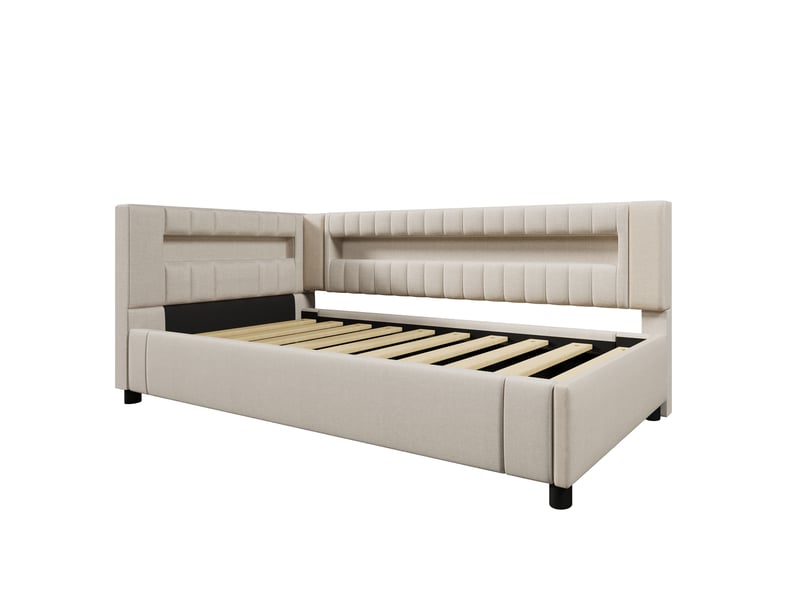 Lit de jour canapé-lit, 90 × 200 cm, beige, lin, coffre hydraulique, led via app, usb + type-c, sans matelas, design fonctionnel - Conforama A