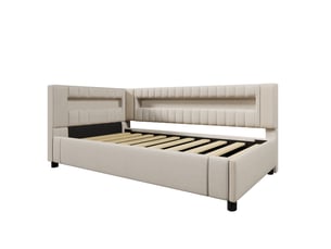 Lit de jour canapé-lit, 90 × 200 cm, beige, lin, coffre hydraulique, led via app, usb + type-c, sans matelas, design fonctionnel
