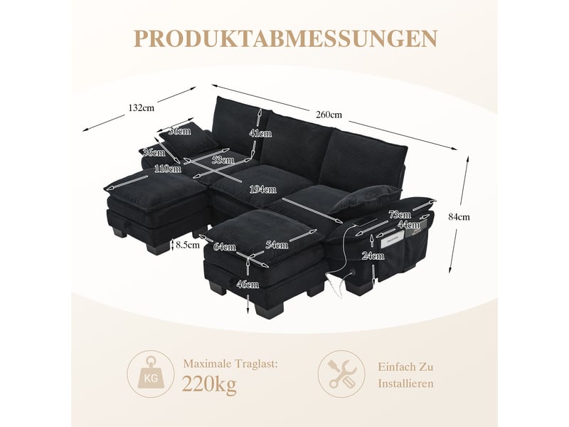 Canapé d'angle panoramique fixe 3 places tissu noir - Conforama C
