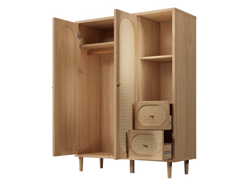  Armoire penderie 161x120x44 cm style campagne, chêne, 2 portes, 2 tiroirs, étagères, tringle  - Conforama E