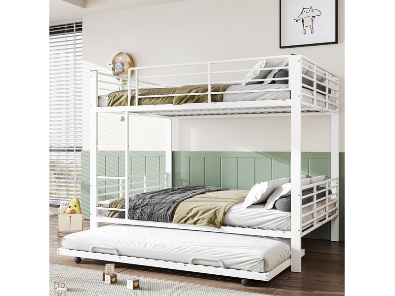  Lit superposé 3 places 140x200 cm avec lit gigogne en métal couleur blanc, sans matelas, design industriel  - Conforama D