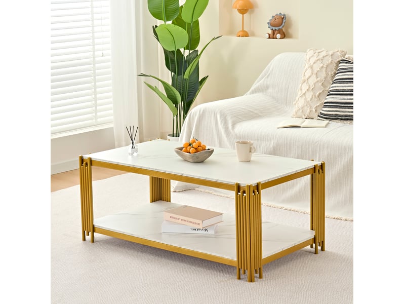  Table basse rectangulaire 114x63,5x46,3 cm à 2 niveaux effet marbre blanc et doré  - Conforama B
