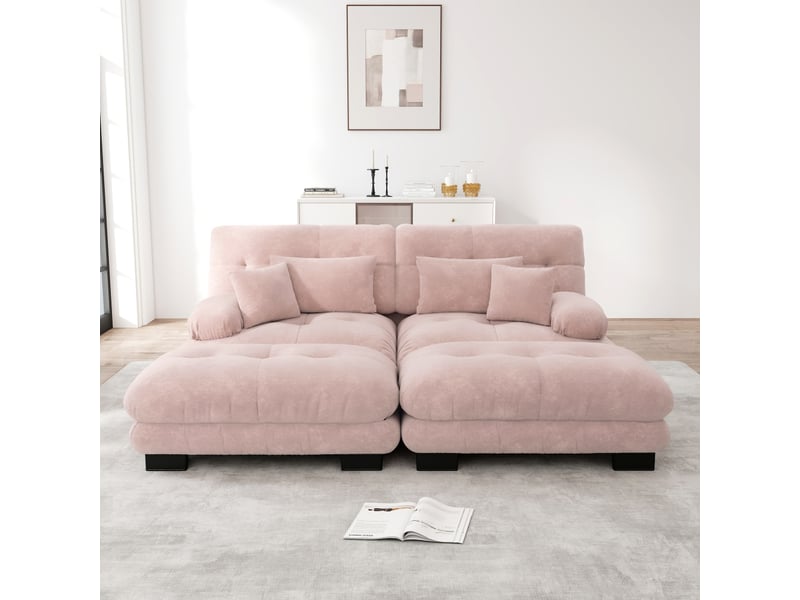  Canapé d'angle cloud en chenille beige clair, sofa salon avec 2 coussins lombaires, 2 coussins déco, 2 ottomans, larges accoudoirs  - Conforama D