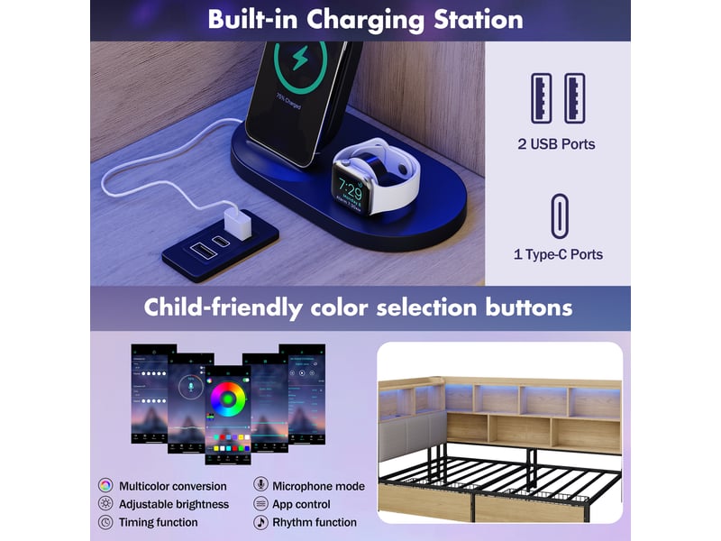  Lit rembourré 90x200 cm avec éclairage led, charge usb et typeec, lit enfant avec 2 tiroirs rangement, mdf et métal,naturel BUBBLY - Conforama D
