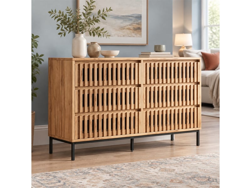 Buffet bas 6 tiroirs couleur bois clair 120 x 40 x 81 cm - Conforama D