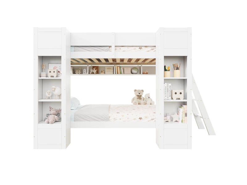  Lit superposé enfant 90 x 200 cm, 2 armoires frontales, étagère suspendue, échelle réversible, barrières, blanc evarich - Conforama A
