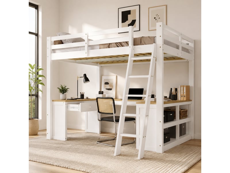  Lit mezzanine enfant 140 x 200 cm blanc + naturel avec bureau en u, 2 tiroirs et étagère  - Conforama D