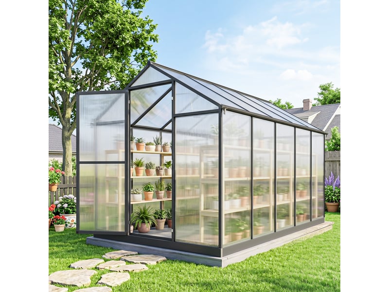  Serre de jardin en aluminium polycarbonate, serre avec fenêtres supérieures réglables 303x183x195cm transparent  - Conforama C