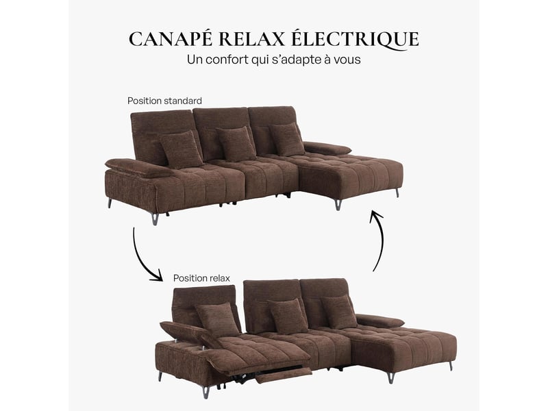 Canapé d'angle relax électrique en tissu matelassé marron - angle - Conforama D