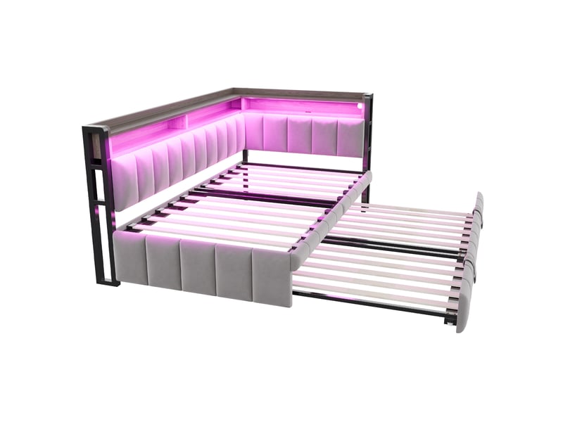  Lit gigogne 90x200 cm avec led, usb et usb-c en velours gris clair，sans matelas  - Conforama D