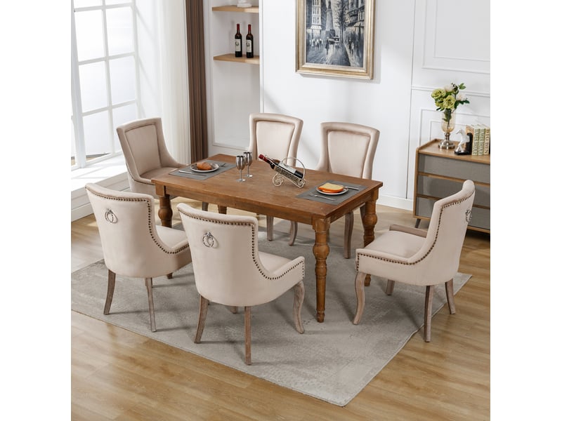  Lot de 6 chaises de salle à manger 55x61x91 cm beige en velours, dossier rembourré à clous décoratifs  - Conforama B