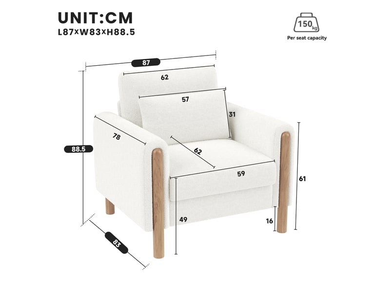  Fauteuil lounge modenvie 1 place en tissu teddy blanc 87 x 83 x 88,5 cm  - Conforama C