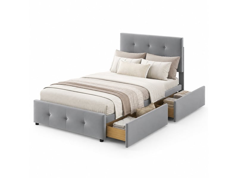 Lit simple 90x200 cm avec tiroirs, sommier à lattes et tête de lit réglable gris - Conforama A