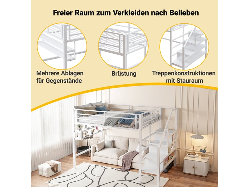 Lit mezzanine enfant 140x200 cm, échelle de rangement, étagère, sommier, métal blanc, sans matelas - Conforama D
