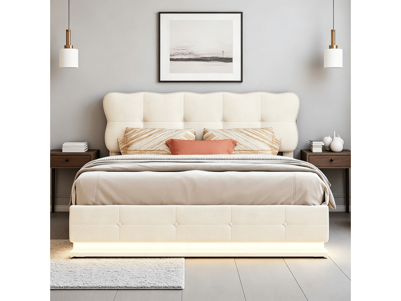  Lit 140x190 cm, rgb led, hydraulique, moderne, cadre de lit double 140x190 cm, velours, beige  - Conforama E