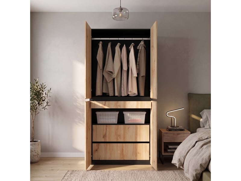  Armoire haute 90 x 50 x 200 cm, tiroir à bijoux, 4 portes, 1 tringle à vêtements, 2 tiroirs, chêneblanc Bliss Lite - Conforama E