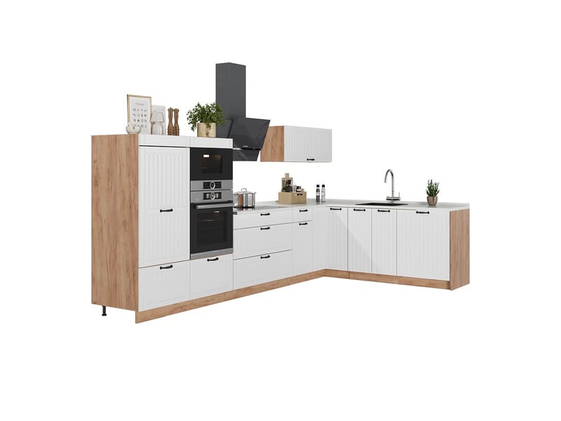 Vicco cuisine en angle, blanc campagnechêne de force doré, 347x60cm, pt chêne - Conforama E