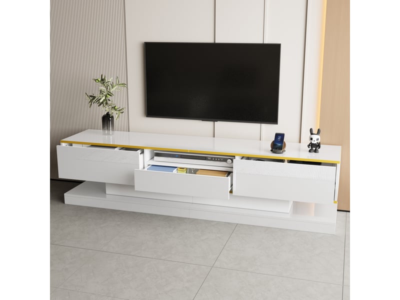  Meuble tv modenvie 180 x 38 x 45 cm avec 3 tiroirs, led multicolore, panneaux de particules blanc et doré  - Conforama E