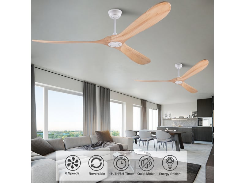  Ventilateur de plafond 70 pouces sans lumière, télécommande, structure bois et métal, 6 vitesses, moteur dc silencieux, couleur couleur blanc naturel  - Conforama C