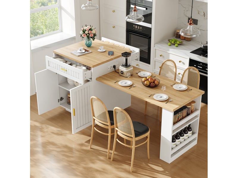 Îlot de cuisine extensible 121,5 à 192 cm avec prise intégrée, blanc, mdf et métal - Conforama E