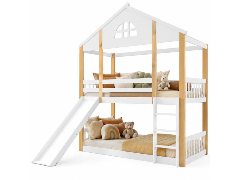  Lit superposé enfant 90x200 cm avec toboggan, échelle et barrières, blanc et naturel  - Conforama A