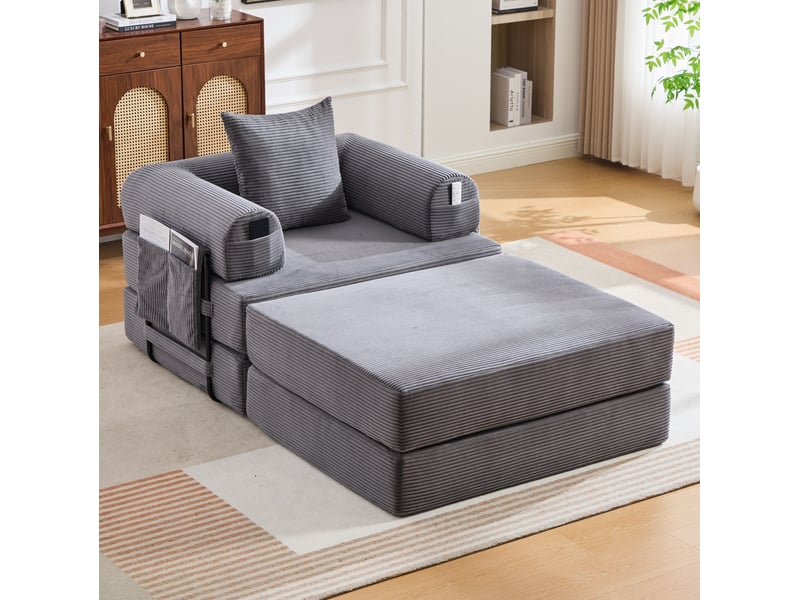  Canapé modulable 1 place avec repose-pieds en velours côtelé gris foncé  - Conforama D