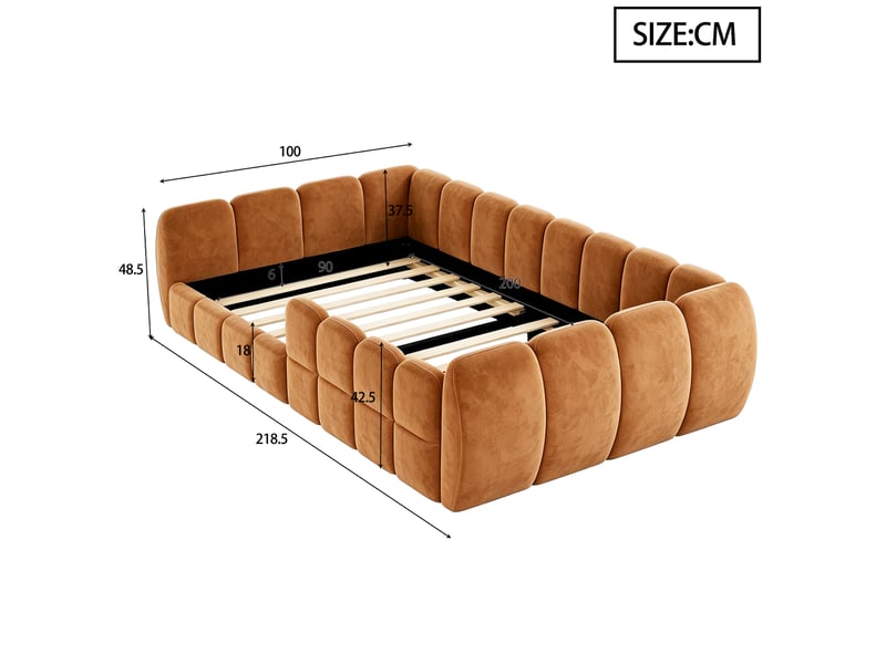  Lit enfant simple 90×200 cm capitonné en velours à bords arrondis - okmyhome- orange, sans matelas  - Conforama D