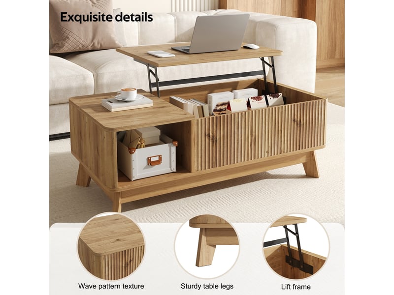  Table basse naturel, rangement, étagères réglables, plan relevable, design moderne, structure robuste - mdf - 95x48x50cm - salon  - Conforama D