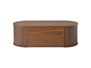 Table basse relevable ovale avec espace de rangement caché et 1 tiroir, finition couleur noyer clair, 100x50x35 cm, design scandinave