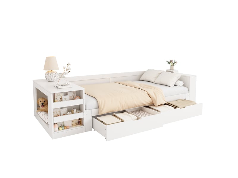  Lit simple avec tiroirs et rangement, blanc, 90 x 200 cm, sans matelas  - Conforama D