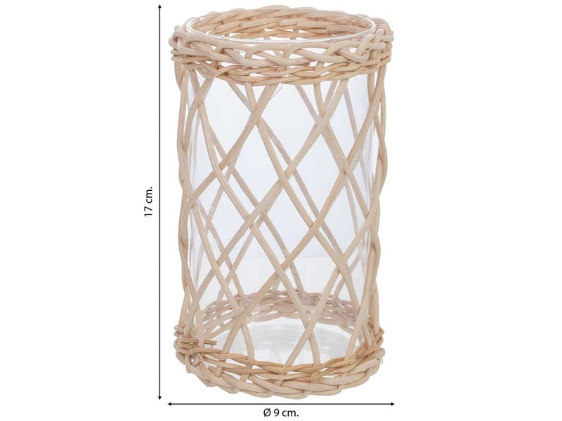  Bougeoir en verre doublé de fibres naturelles brunes, d9 x 17h cm  - Conforama C