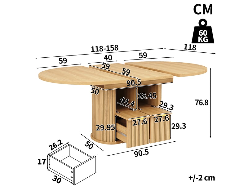  Table à manger ovale extensible 118-158x118 cm pour 4 à 6 personnes, 2 portes rabattables, 2 tiroirs de rangement, façade rainurée, effet chêne clair  - Conforama D
