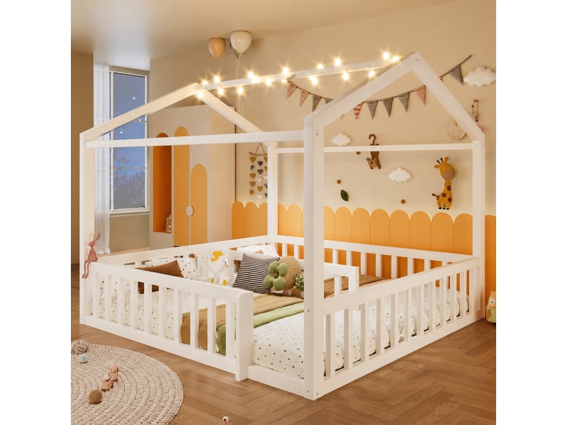  Lit cabane enfant 90x190 cm avec barrières et led, convertible en 180x190 cm, blanc et naturel  - Conforama C