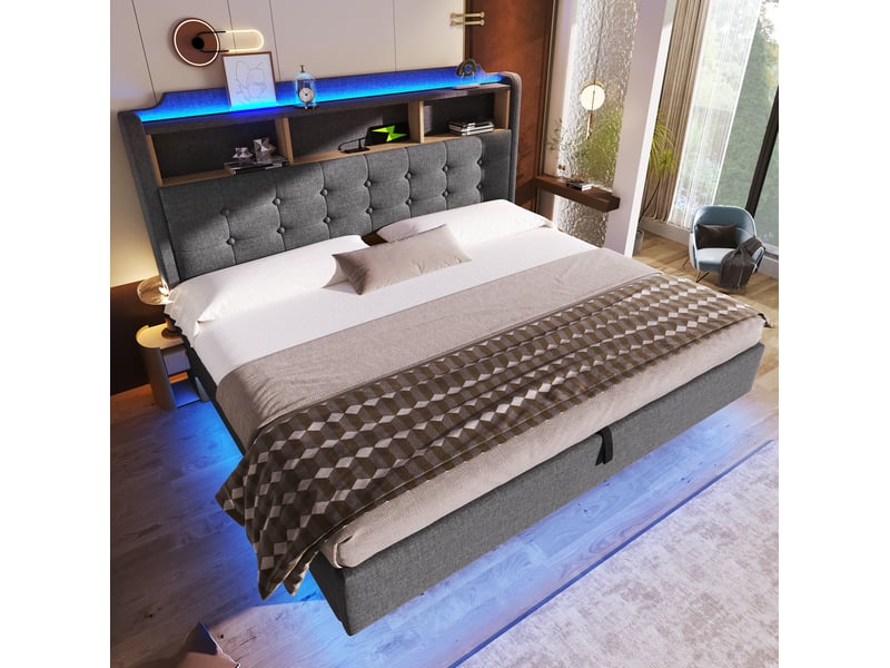  Lit coffre 180 × 200 cm 2 places avec led, usb-c, usb et rangement hydraulique, sans matelas, en lin gris  - Conforama B