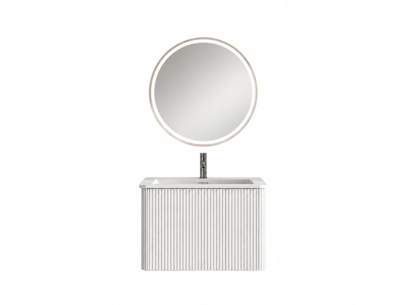  Ensemble meuble vasque suspendu 60 cm avec miroir rond led, finition blanche  - Conforama A