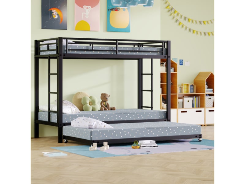 Lit superpose avec rangement 90×200 cm cadre en fer pour enfant avec lit extractible, barrières hautes, certifié en747, structure robust - Conforama C