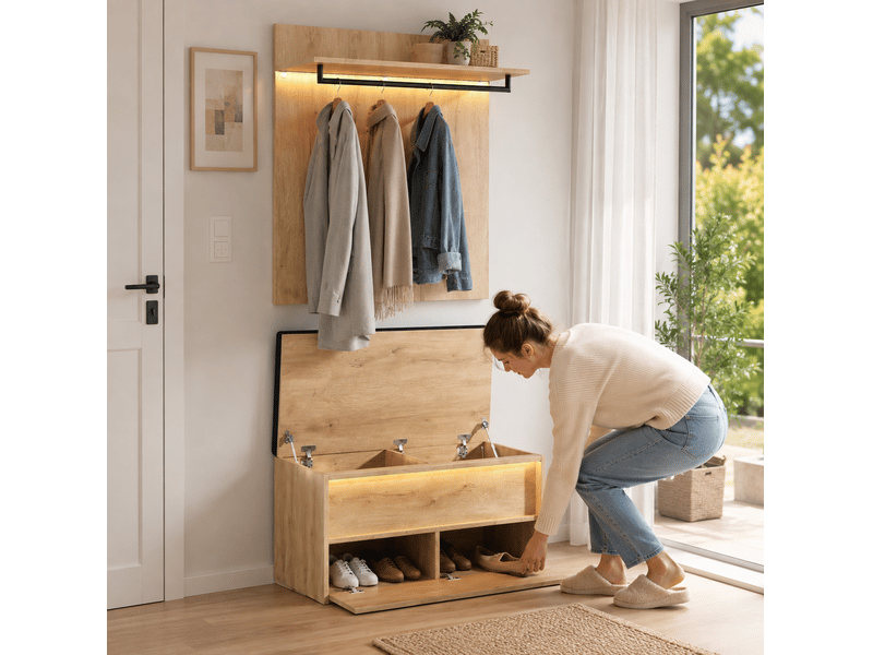  Set d'entrée porte-manteau mural et banc à chaussures 90x47x145 cm, avec led, mdf, bois clair  - Conforama D