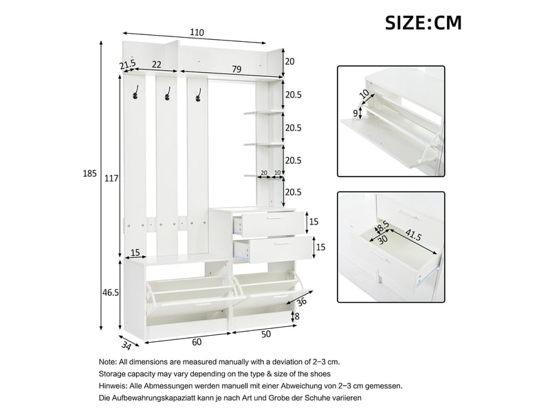 Meuble d’entrée blanc en mdf avec miroir, 2 tiroirs, 2 meubles à chaussures rabattables et 3 patères, 110 x 34 x 185 cm - Conforama C