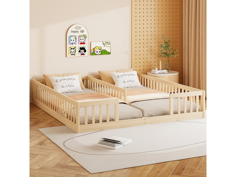  Lit à panneaux pour enfants 2x90 x 200 cm, barrières de sécurité, sommiers à lattes, pin et mdf, coloris blancgrisnaturel. 119 - Conforama E