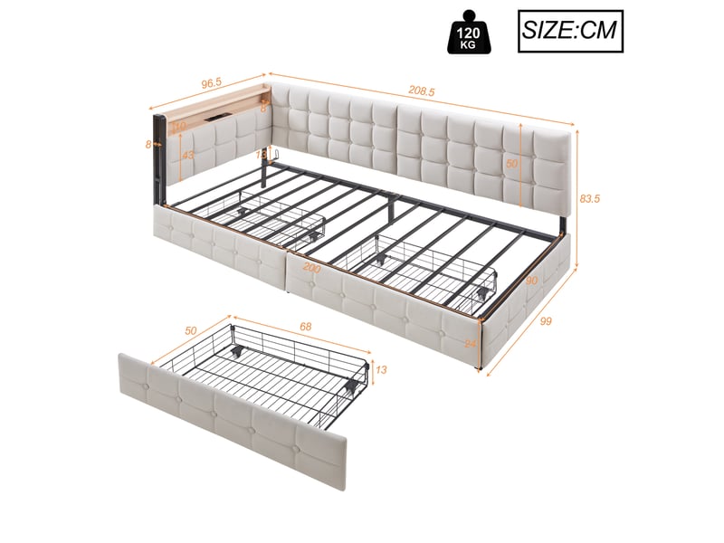  Lit banquette 90 x 200 cm, tiroirs de rangement, éclairage led intégré, ports de charge usb, structure rembourrée, pour la chambre, tissu, beige ABC - Conforama C