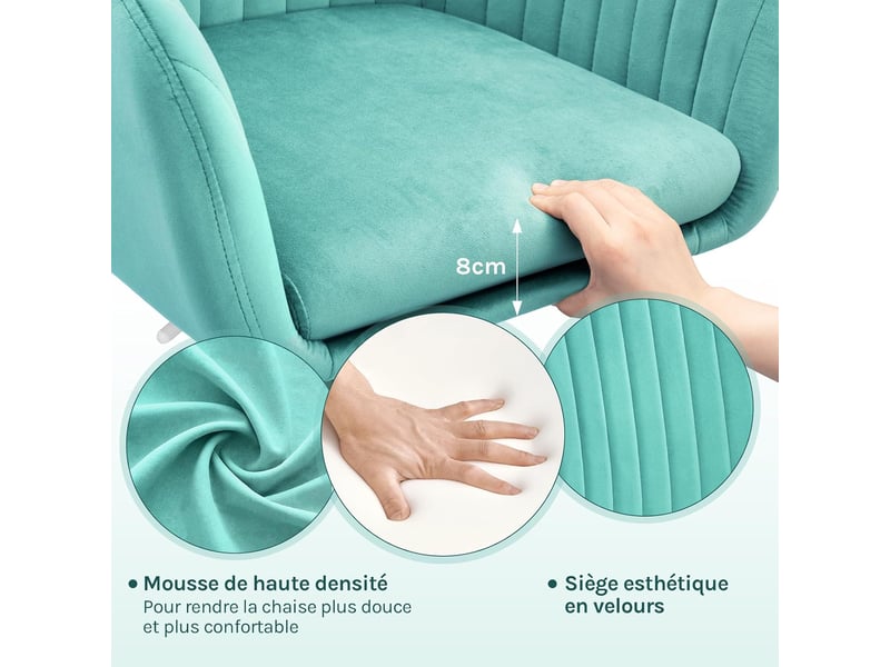  Chaise de bureau en velours,turquoise, fauteuil pivotant ergonomique, siège rembourré  - Conforama E